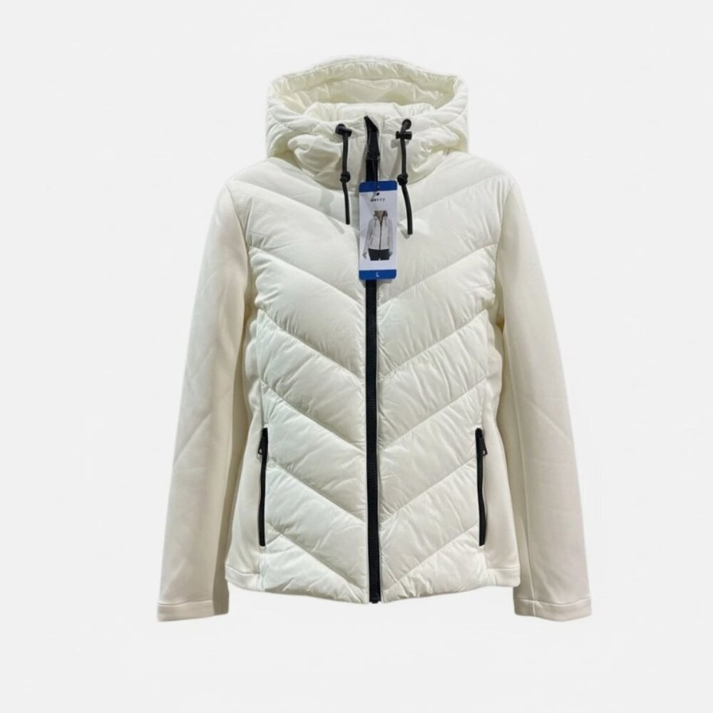 DKNY Women's Hooded Puffer Jacket Scuba Sleeves White Size XXL